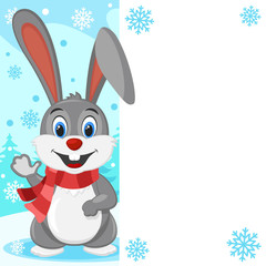 Gray hare in a scarf waving his paw. Place for text.