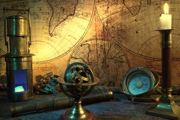 Fototapeta na wymiar Old Zodiac globe,astrological.Vintage map,old coins.Retro ship lantern,binoculars,sextant.Antique compass.Candlestick and burning candle.Travel and marine engraving background. Treasure hood concept.