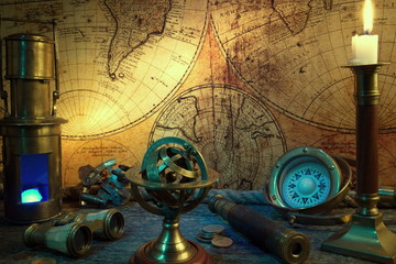 Old Zodiac globe,astrological.Vintage map,old coins.Retro ship lantern,binoculars,sextant.Antique compass.Candlestick and burning candle.Travel and marine engraving background. Treasure hood concept.