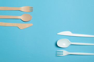 Plastic and Bamboo Cutlery, Plastic Pollution Concept, Top View