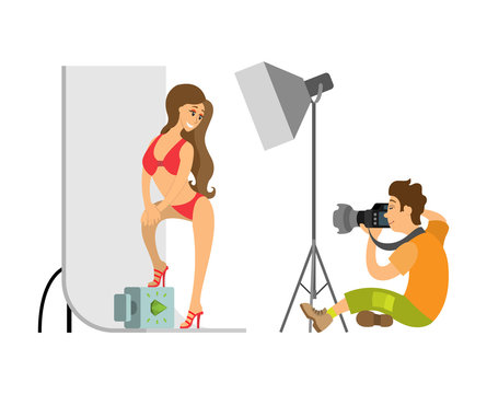 Model in Swimsuit and Photographer at Photo Studio