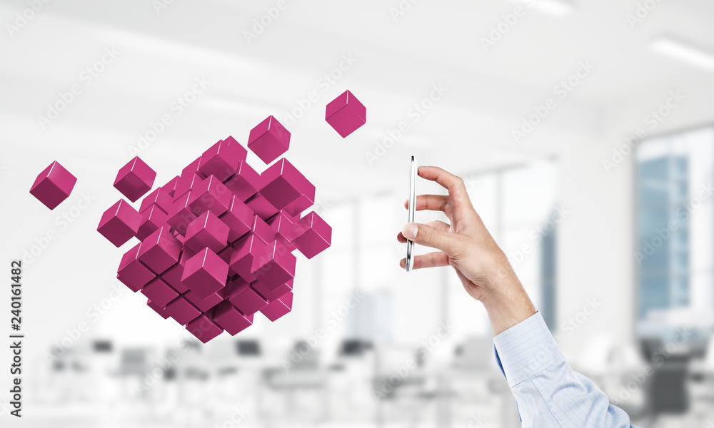Aufkleber integrating new technologies concept with cube figure floating i