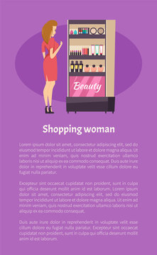 Shopping Woman Near Beauty Cosmetics Stand Poster