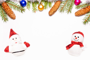 Christmas frame made of fir branches decorated with Santa Claus and snowman isolated on white background