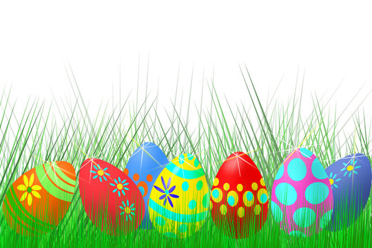 set of colored Easter eggs on fresh grass background and white background