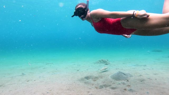 Underwater footage of girl snorkeling with coral reef and tropical fish in the Caribbean Sea