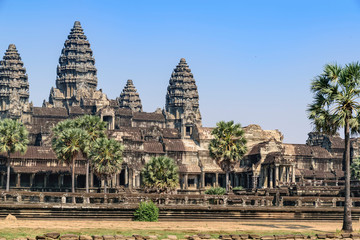 View of the main temple at Angkor wat. Originally constructed in the early 12th century, the ruins...