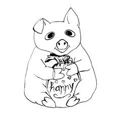 piggy holding a gift with the inscription happy on a white background, hand-drawn, doodle-style.