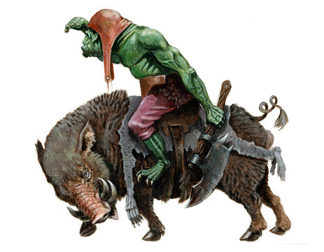 Orc on the boar. Ogre with ax. Fantasy acrylic illustration.