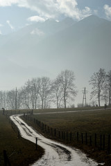 Winterlandschaft. Panorama. Wintersport. Schnee. Winterstrasse.