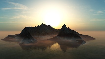 Volcanic island at sunrise, volcanic mountain shore at sunset,
3d rendering