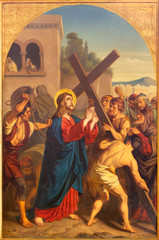 PRAGUE, CZECH REPUBLIC - OCTOBER 15, 2018: The painting Jesus caries his cross in church Bazilika...