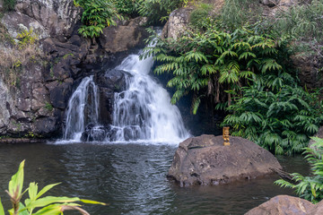 Naklejka na ściany i meble Water cascading over rocks creating a silky waterfall, Upper Waipoo Falls, Kokee State Park, Kauai, Hawaii