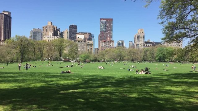 Spring in Manhattan. People in New York City lay out, relax and enjoy the sun and sunbathe and exercise in Central Park Meadow.
