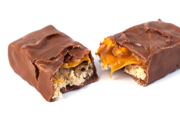 Chocolate bar with caramel isolated on white