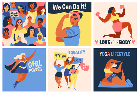 International Womens Day. We Can Do It poster. Strong girl. Symbol of female power, woman rights, protest, feminism. Vector colorful banners woman in retro style.