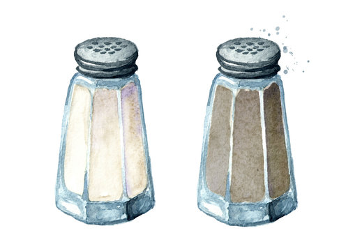 Salt And Pepper Shaker. Watercolor Hand Drawn Illustration, Isolated On White Background