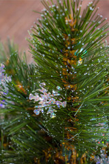 Big sparkle snowflake on top of christmas tree brunch with bokeh effect on soft background in vertical align