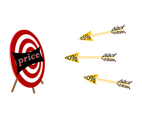 arrows with plumage from the text Black Friday fly into a target with an inscription Price.