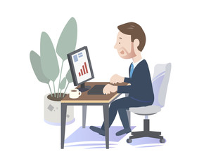 Business man working on the personal computer. Modern office.Vector Illustration.