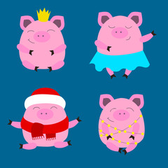 Cartoon happy pig set vector illustration. Domestic animal character stickers.