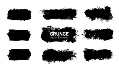 Art graphics shapes elements. Abstract black paint ink brush stroke for your design use. Modern banners template set. Grunge vector illustration background. Dirty stains frame with copy space.