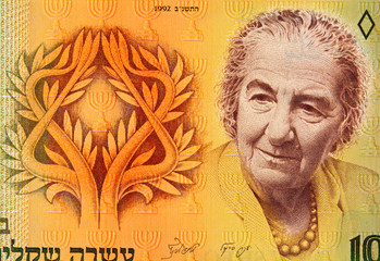 Golda Meir portrait on Israeli 10 shekel (1985) banknote close up. Prime minister of Israel. - obrazy, fototapety, plakaty