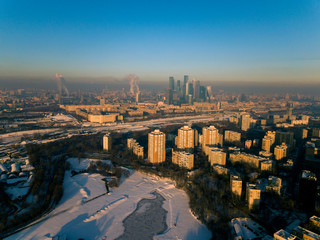 The view from the height of the panorama of winter Moscow in the evening