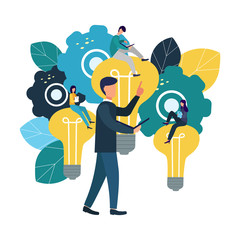 Vector flat illustrations, brainstorming, business concept for teamwork, search for new solutions, small people sit on light bulbs in search of ideas