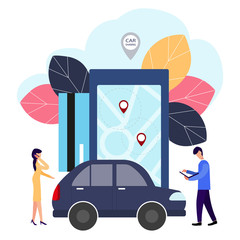 People and auto. Making deals online. Car rent. Vector illustration in flat style