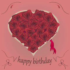 bouquet of roses in the shape of a heart, illustration top view, the inscription greetings happy birthday