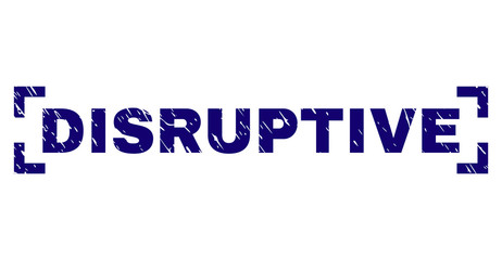 DISRUPTIVE caption seal stamp with corroded style. Text caption is placed between corners. Blue vector rubber print of DISRUPTIVE with corroded texture.