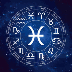 Vector. Graphic astrology set on the starry sky cosmic background. A simple geometric representation of the zodiac sign for horoscope Pisces with titles, line art isolated illustration