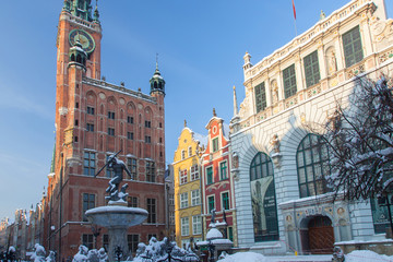 Pomorskie region, Poland - December, 2010: Neptun statue - fontain, Town Hall and Artus Court on Dlugi Targ street in Gdansk © Maciej