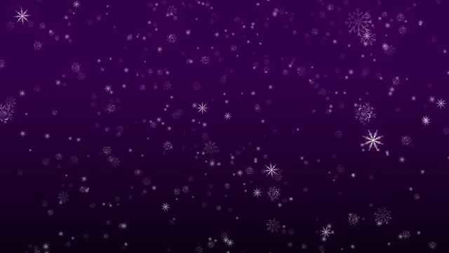 Perfectly seamless (no fade at the end) loop features ornately detailed snowflakes falling over deep purple gradient background.