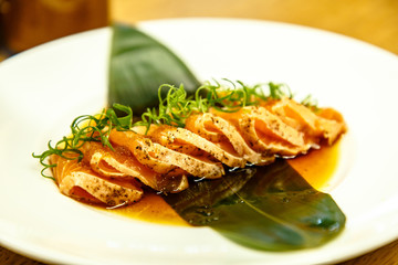 Teriyaki salmon. Japanese dish, as it is served in Moscow restaurants.