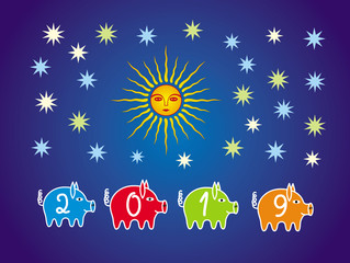 Colorful Christmas, new year background to the year of the pig 2019. 4 pigs among the stars on a blue background of the sky with moon sun. Vector graphics.