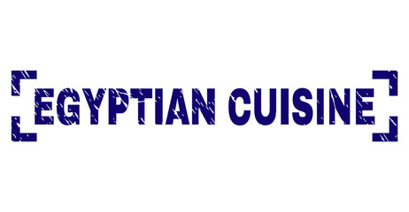 EGYPTIAN CUISINE text seal print with distress texture. Text tag is placed inside corners. Blue vector rubber print of EGYPTIAN CUISINE with unclean texture.