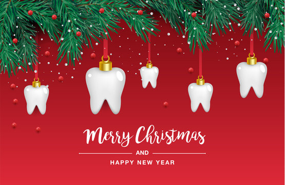 White teeth icons in the shape of a Christmas tree on a red background. Vector elements for New Year