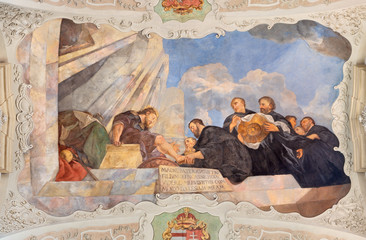 PRAGUE, CZECH REPUBLIC - OCTOBER 12, 2018: The baroque symbolic ceilinig fresco of St. Augustine...
