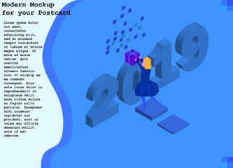 Modern isometric new year 2019 postcard for you mockup or web design