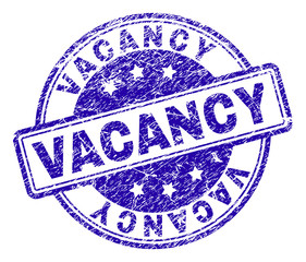 VACANCY stamp seal watermark with grunge texture. Designed with rounded rectangles and circles. Blue vector rubber print of VACANCY tag with grunge texture.
