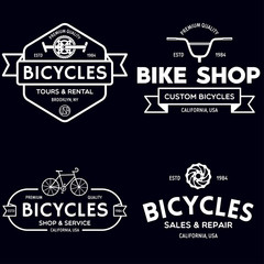 Set of vintage and modern bike shop logo badges and labels. Cycle wheel isolated vector. Old style bicycle shop and repair logotypes.