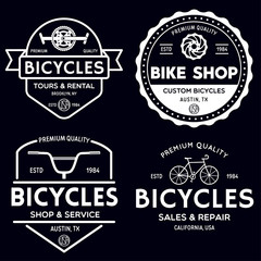 Set of vintage and modern bike shop logo badges and labels. Cycle wheel isolated vector. Old style bicycle shop and repair logotypes.