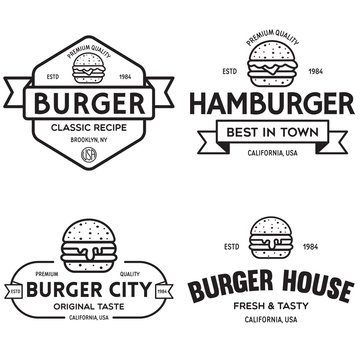 Set of badges, banner, labels and logo for hamburger, burger shop. Simple and minimal design. Vector illustration.