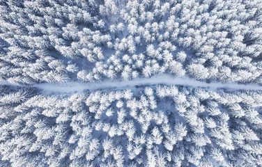 Fototapete Landschaften Luftbild auf der Straße und im Wald zur Winterzeit. Natürliche Winterlandschaft aus der Luft. Wald unter Schnee a die Winterzeit. Landschaft aus Drohne