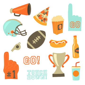 Super bowl party vector icon set. Sport games celebration icons. American football vintage retro style. Helmet, award, cup, trophy, pizza slice, football, popcorn, beer bottle, megaphone, foam hand
