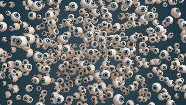 4K. Explosive Appearance Of Group Of Eyeballs On Blue Background. 3D Animation.