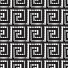 Lace textured geometric modern greek vector seamless pattern. Ornate black and white grid lattice patterned greek key meanders ornament. Ornamental abstract ancient style background. Grunge design