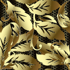 Gold Baroque ornate 3d vector seamless pattern. Leafy ornamental grid zigzag background. Repeat lattice geometric textured backdrop. Vintage baroque victorian style ornament with surface golden leaves